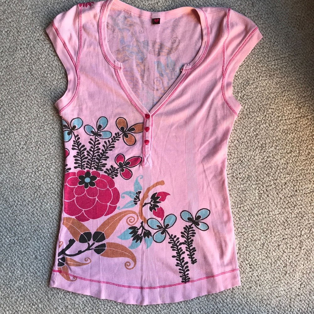 Women’s pink cap sleeve cotton floral top so small